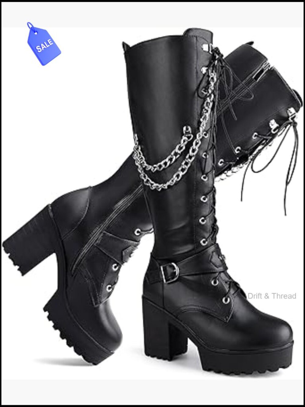 Knee High Lace Up Combat Boots with Chunky Platform Heel Side Zipper
